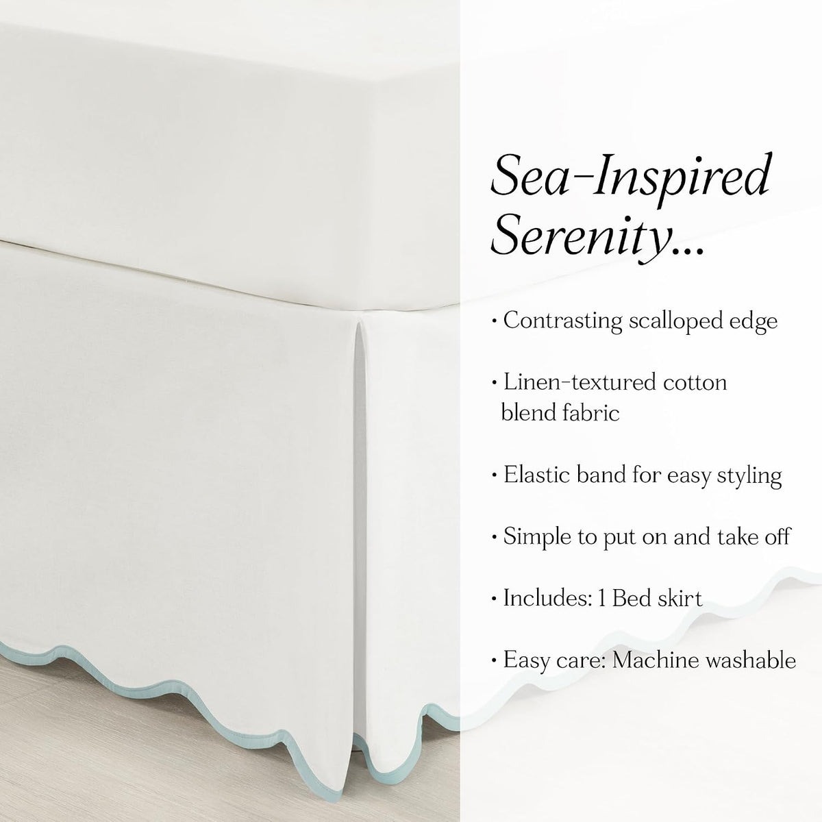 Lush Decor Coastal Chic Scalloped Edge Linen-Textured Bed Skirt Single, Queen Blue & White - White Bed Skirt Queen Size - Coastal Decor - Wrap Around Bed Skirt