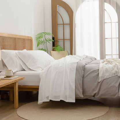 BESTOUCH Queen Flat Sheet 100% Washed Cotton Linen Feel Off White