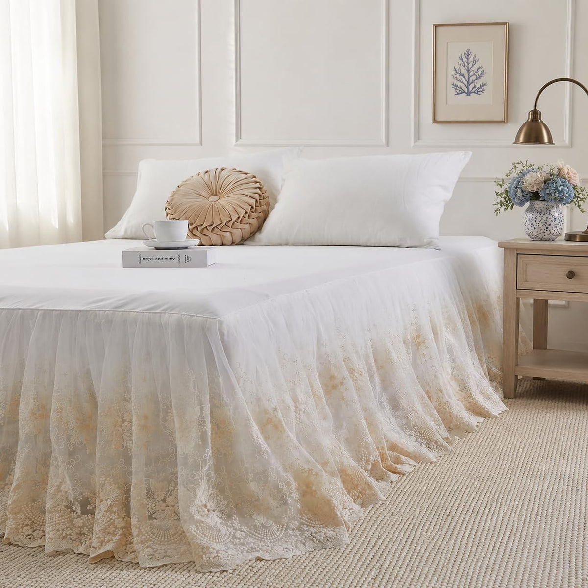 Brandream Cream Lace Bed Skirt King 18-Inch Drop Romantic Bedding