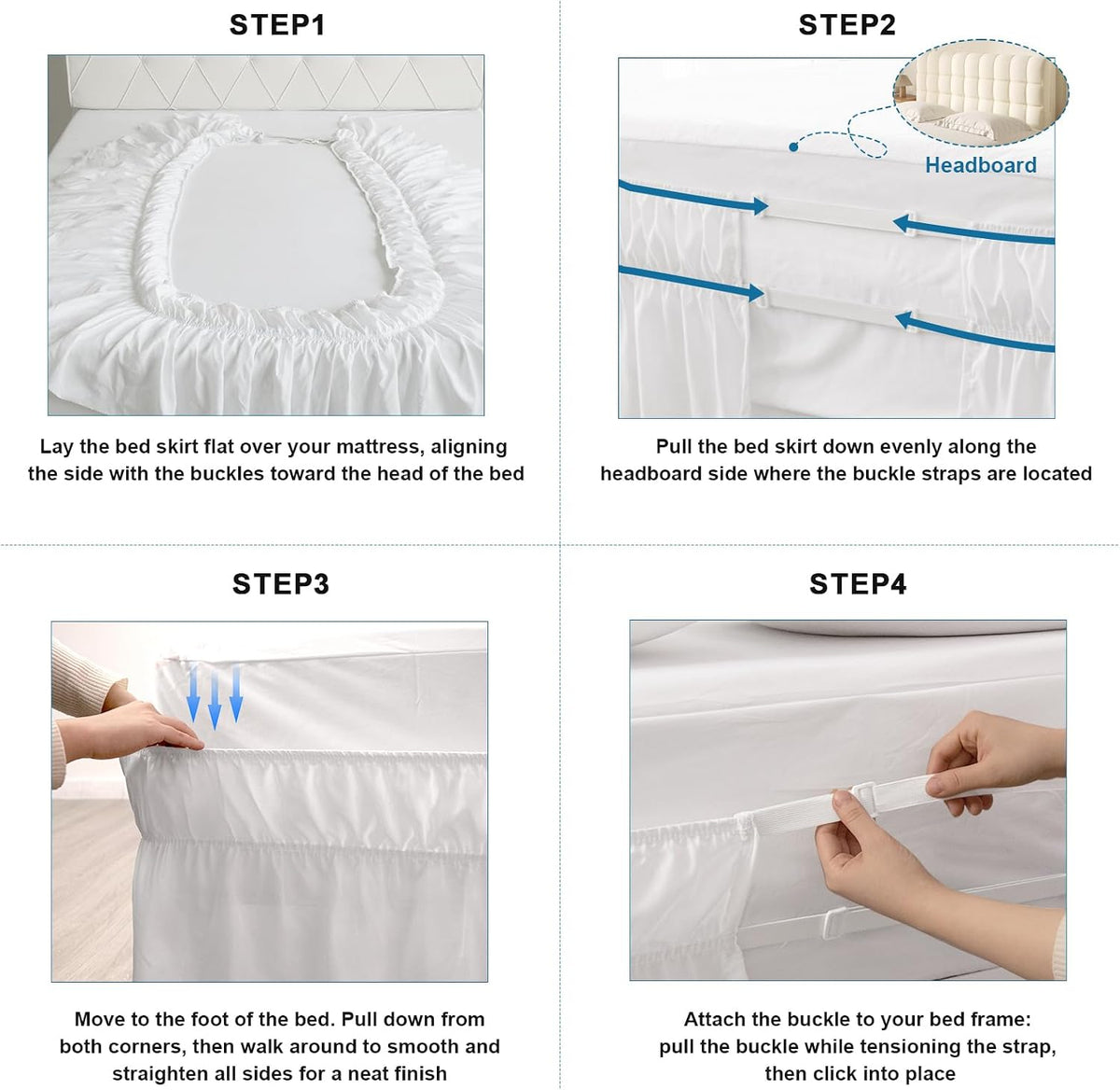 Queen Bed Skirt with Elastic Strap, Ruffle Bed Skirting Queen Size 16" Drop