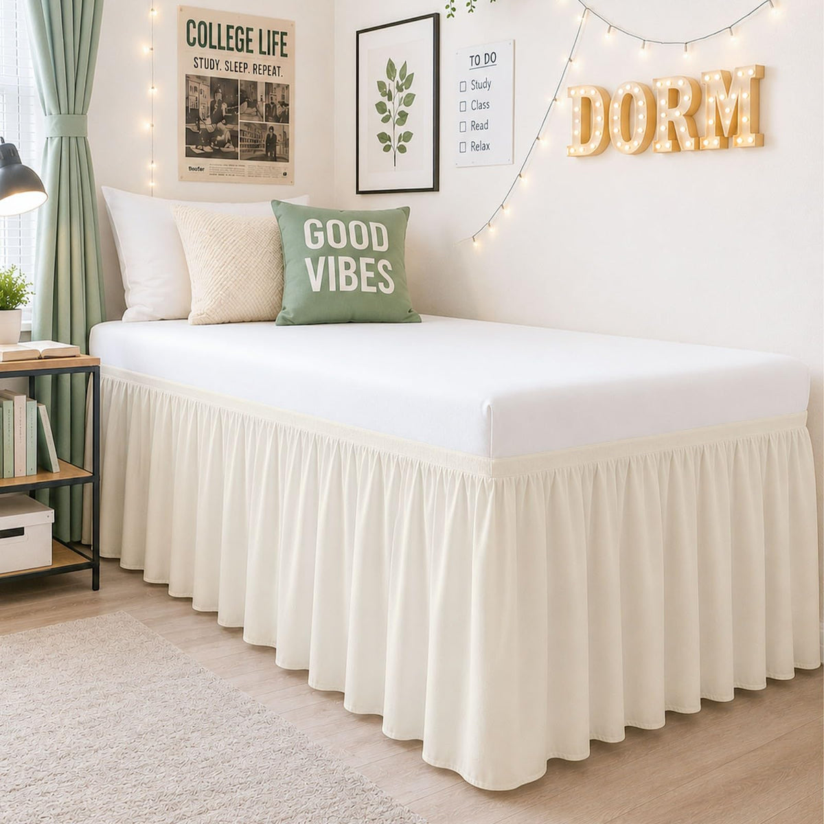 Cottington Lane Twin XL Dorm Bed Skirt 32 Inch Drop, Extended Ruffled College Dorm Bed Skirt, Wrap Around Dust Ruffle, Premium Brushed Microfiber Extra Long Bed Skirt for Twin XL Dorm Beds, White