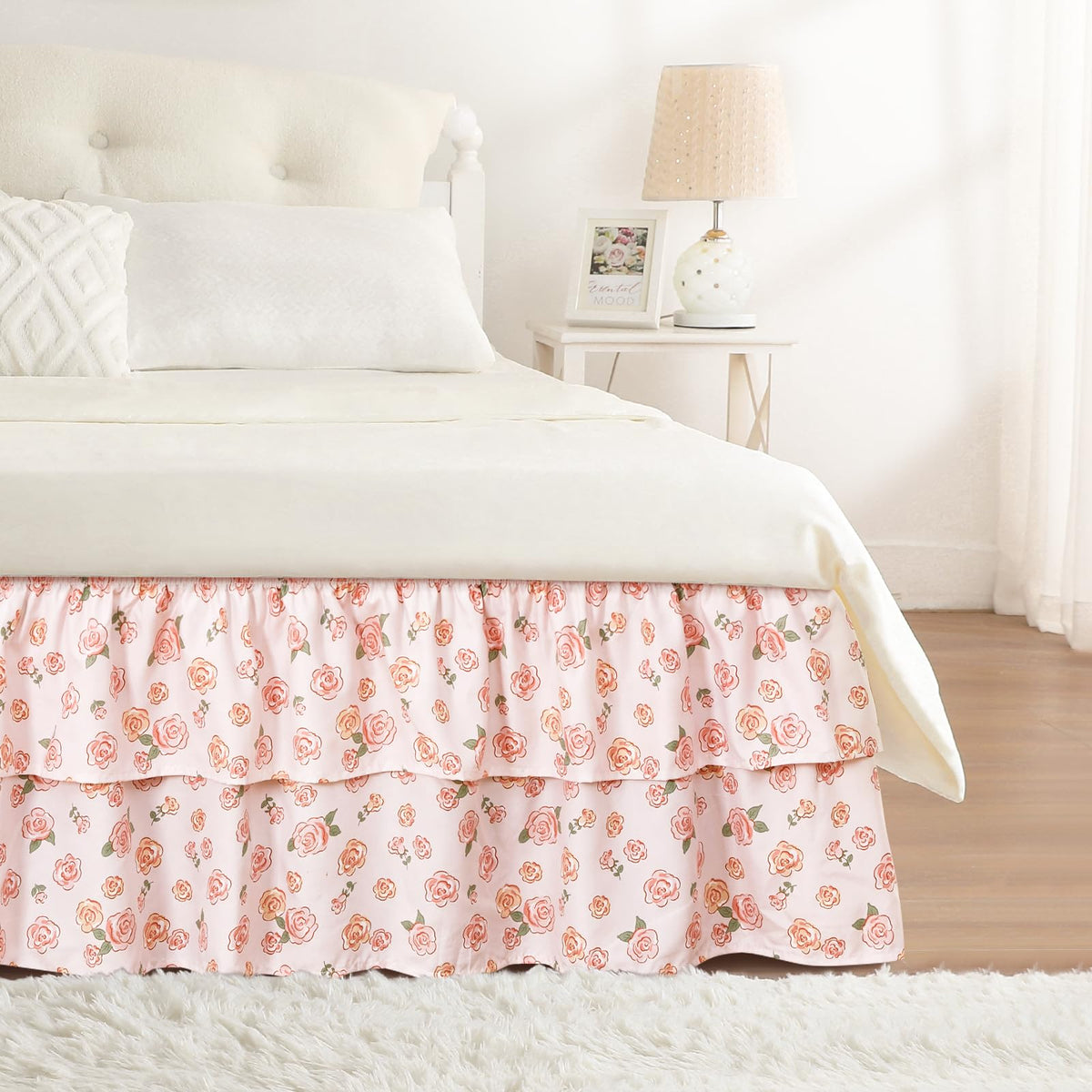 RIMELA Queen Size Ruffle Bed Skirt 16 Inch Drop - White Double Layered Wrap Around Dust Ruffle, Romantic Cute Design Bedskirt with High-Density Fabric, Soft Stretchy, Easy Install for Queen Bed