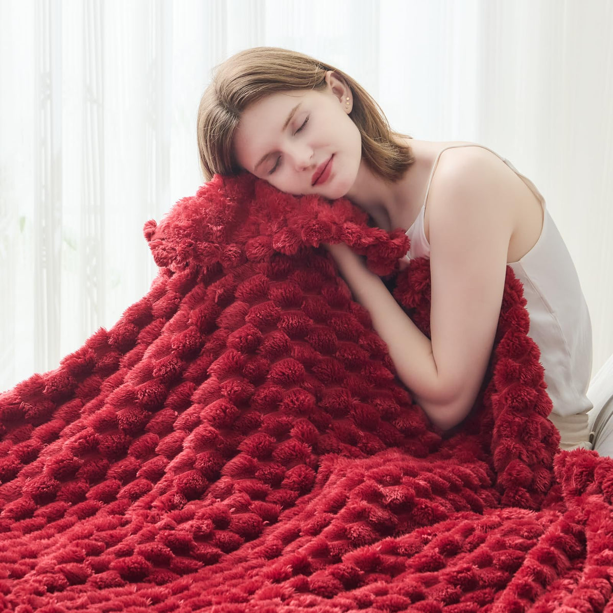 NEWCOSPLAY Fleece Ribbed Cozy Throw Blanket for Couch, Pink, 50"x60"