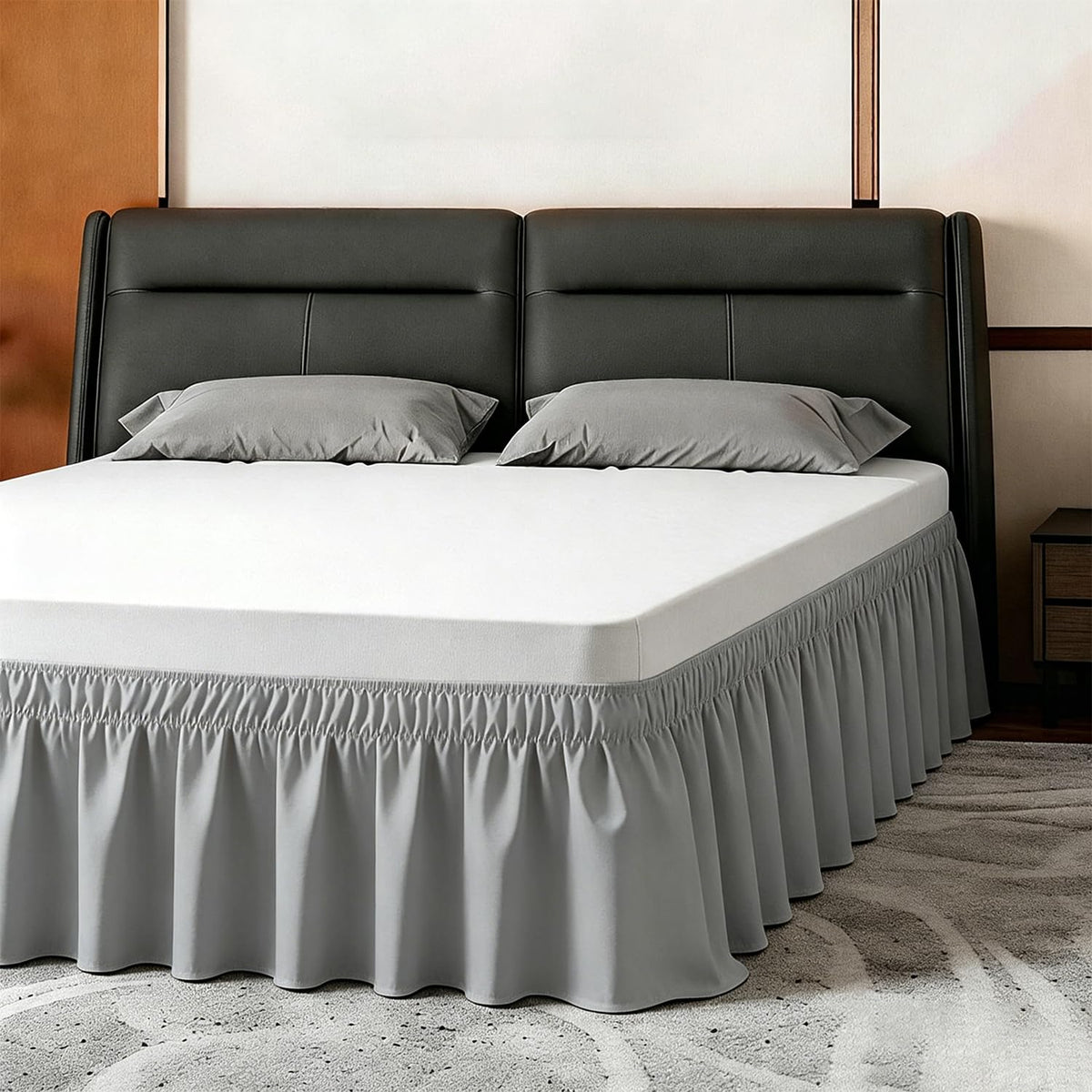 ANARACHON Full Bed Skirt, Wrap-Around Elastic Ruffled Eyelet Bed Skirt Full Size Dust Ruffle with Gathered Styling and Embroidered Details, 18" Drop Length (White)