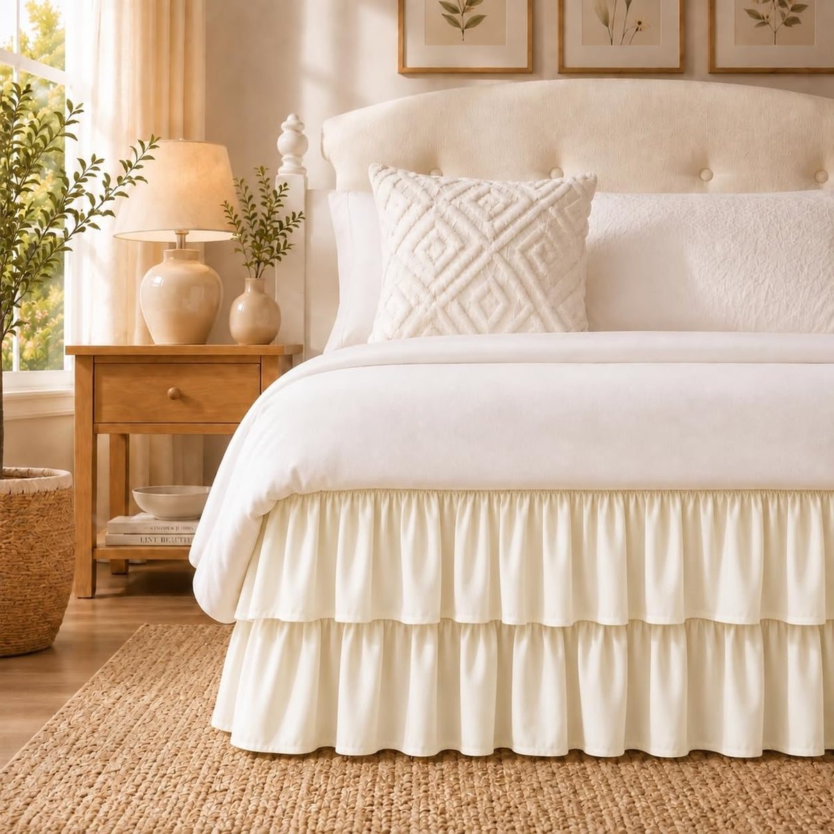 RIMELA Queen Size Ruffle Bed Skirt 16 Inch Drop - White Double Layered Wrap Around Dust Ruffle, Romantic Cute Design Bedskirt with High-Density Fabric, Soft Stretchy, Easy Install for Queen Bed