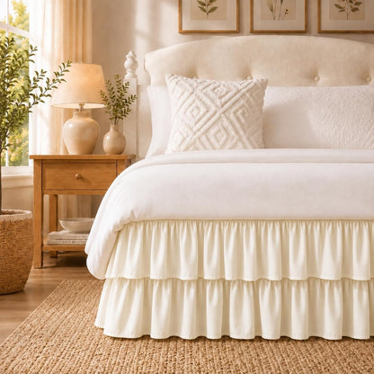 RIMELA Queen Size Ruffle Bed Skirt 16 Inch Drop - White Double Layered Wrap Around Dust Ruffle, Romantic Cute Design Bedskirt with High-Density Fabric, Soft Stretchy, Easy Install for Queen Bed