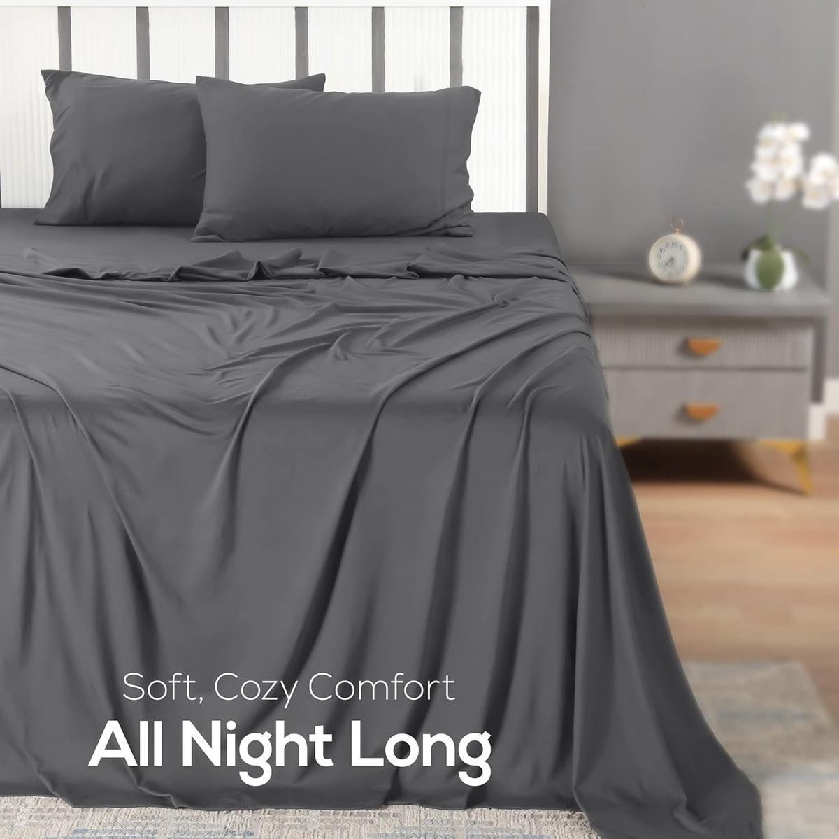 Jersey Knit Sheets 4 Piece, Cotton T-Shirt Feel, Queen, Dark Grye Grey