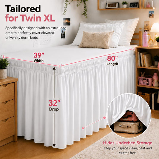 White Twin XL College Dorm Bed Skirt 32" Drop, Elastic Wrap Dust Ruffle