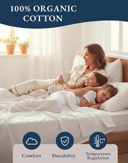 LANE LINEN Queen Sheets 100% Organic Cotton 4pc Percale Cooling - White