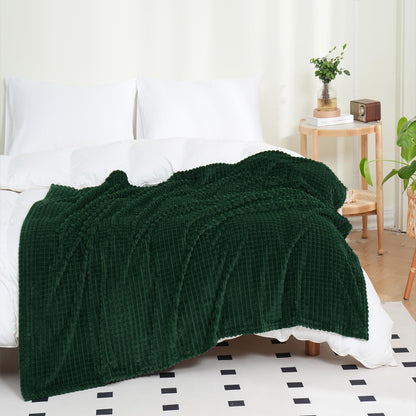 Puncuntex Fleece Throw Blanket Dark Green 50"×60" with Square Grid Design