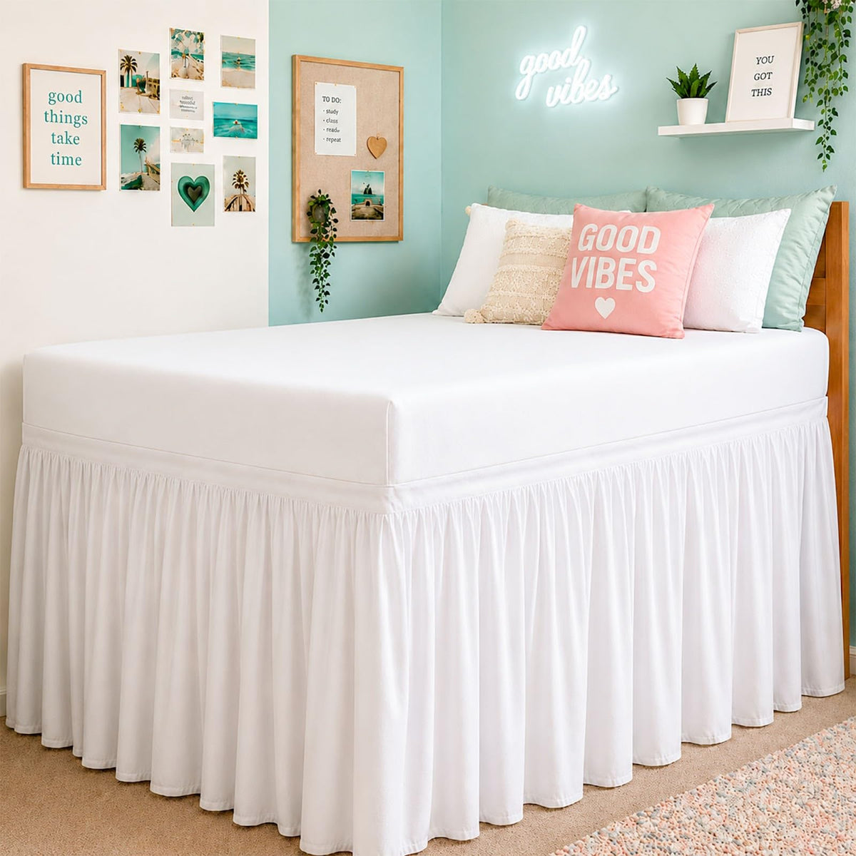 Cottington Lane Ruffled Dorm Room Bed Skirt Twin XL 30 Inch Drop, White
