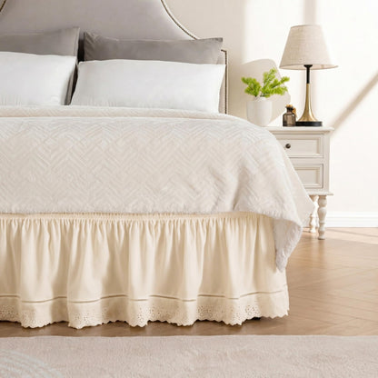 MIYE Wrap Around Ruffled Lace Bed Skirt, Elastic Dust Ruffle with Adjustable Belts, Easy to Put On, Bed Frame Cover, Machine Washable (Floral Lace/White, King/Queen-15 Drop)