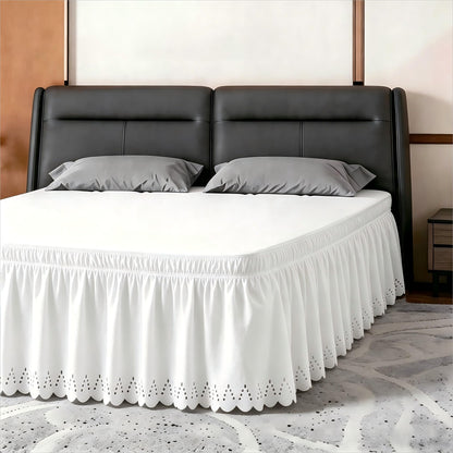 ANARACHON Full Bed Skirt, Wrap-Around Elastic Ruffled Eyelet Bed Skirt Full Size Dust Ruffle with Gathered Styling and Embroidered Details, 18" Drop Length (White)