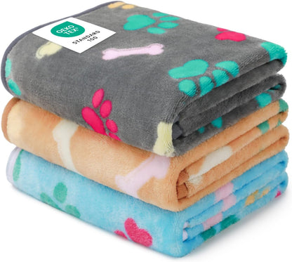 Luciphia 1 Pack 3 Blankets Fluffy Premium Fleece Pet Blanket Flannel Paw Printed Throw for Dog Cat(Small 23x16'', Grey/Brown/Blue)