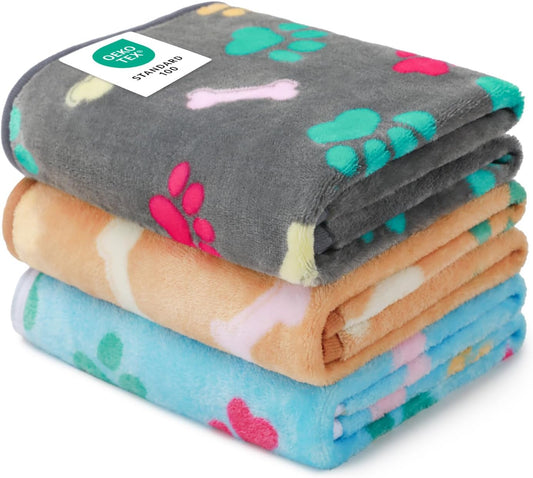 Luciphia 1 Pack 3 Blankets Fluffy Premium Fleece Pet Blanket Flannel Paw Printed Throw for Dog Cat(Small 23x16'', Grey/Brown/Blue)