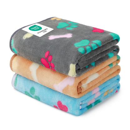 Luciphia 1 Pack 3 Blankets Fluffy Premium Fleece Pet Blanket Flannel Paw Printed Throw for Dog Cat(Small 23x16'', Grey/Brown/Blue)