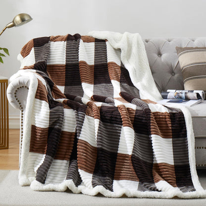 PU MEI Sherpa Fleece Throw Blanket 60" x 80" Reversible Plush Fluffy Large Big Blanket Lattice Flannel Blankets for Sofa Couch Bed (Grey-Soft Blue, 60"*80")