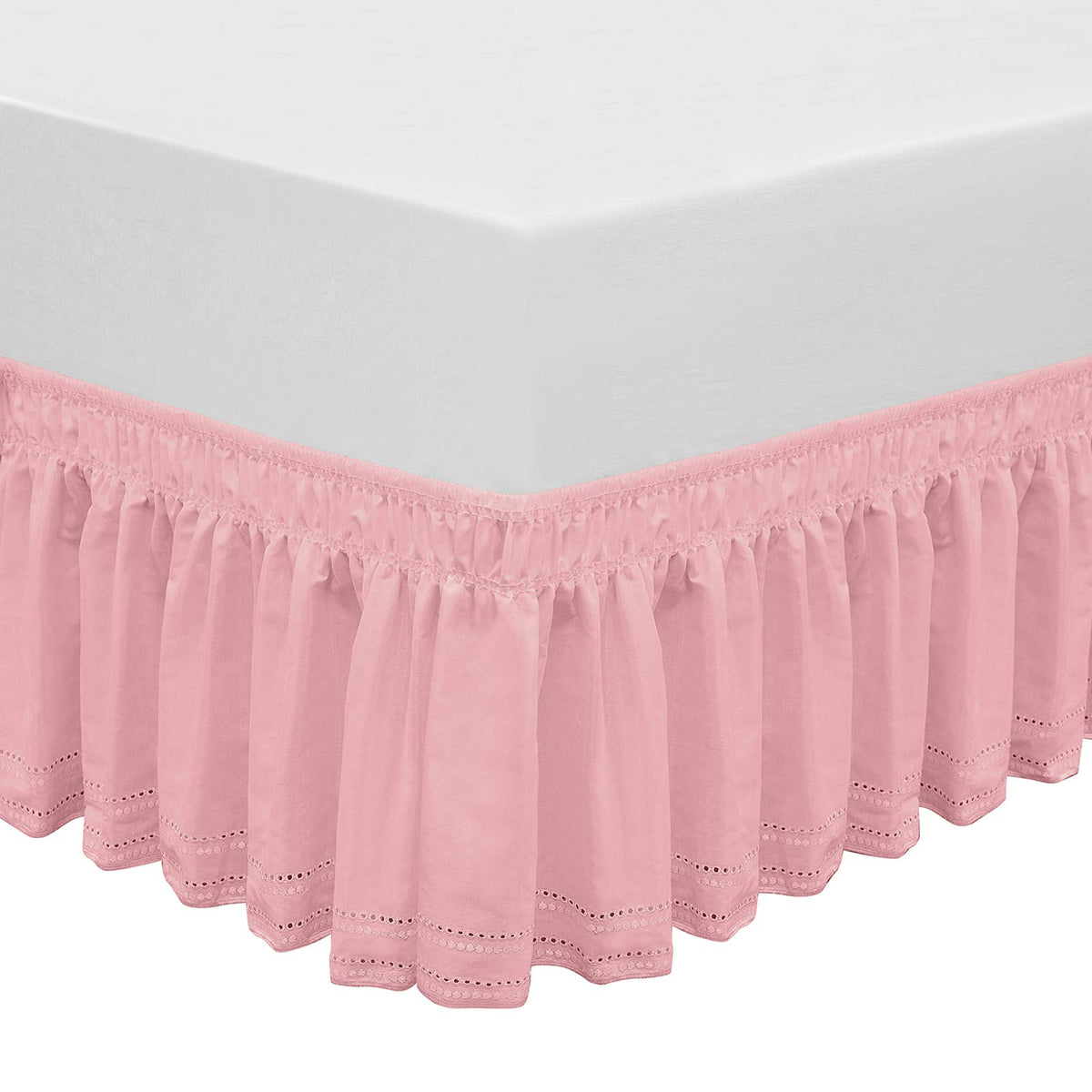 Wrap Around Elastic Eyelet Bed Skirt Dust Ruffle (Ivory, Twin/Full-18 Inch Drop)
