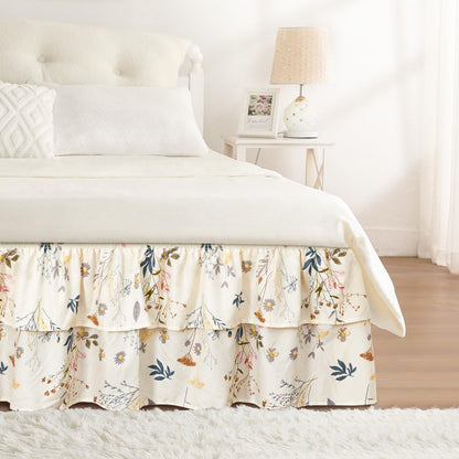 RIMELA Queen Size Ruffle Bed Skirt 16 Inch Drop - White Double Layered Wrap Around Dust Ruffle, Romantic Cute Design Bedskirt with High-Density Fabric, Soft Stretchy, Easy Install for Queen Bed