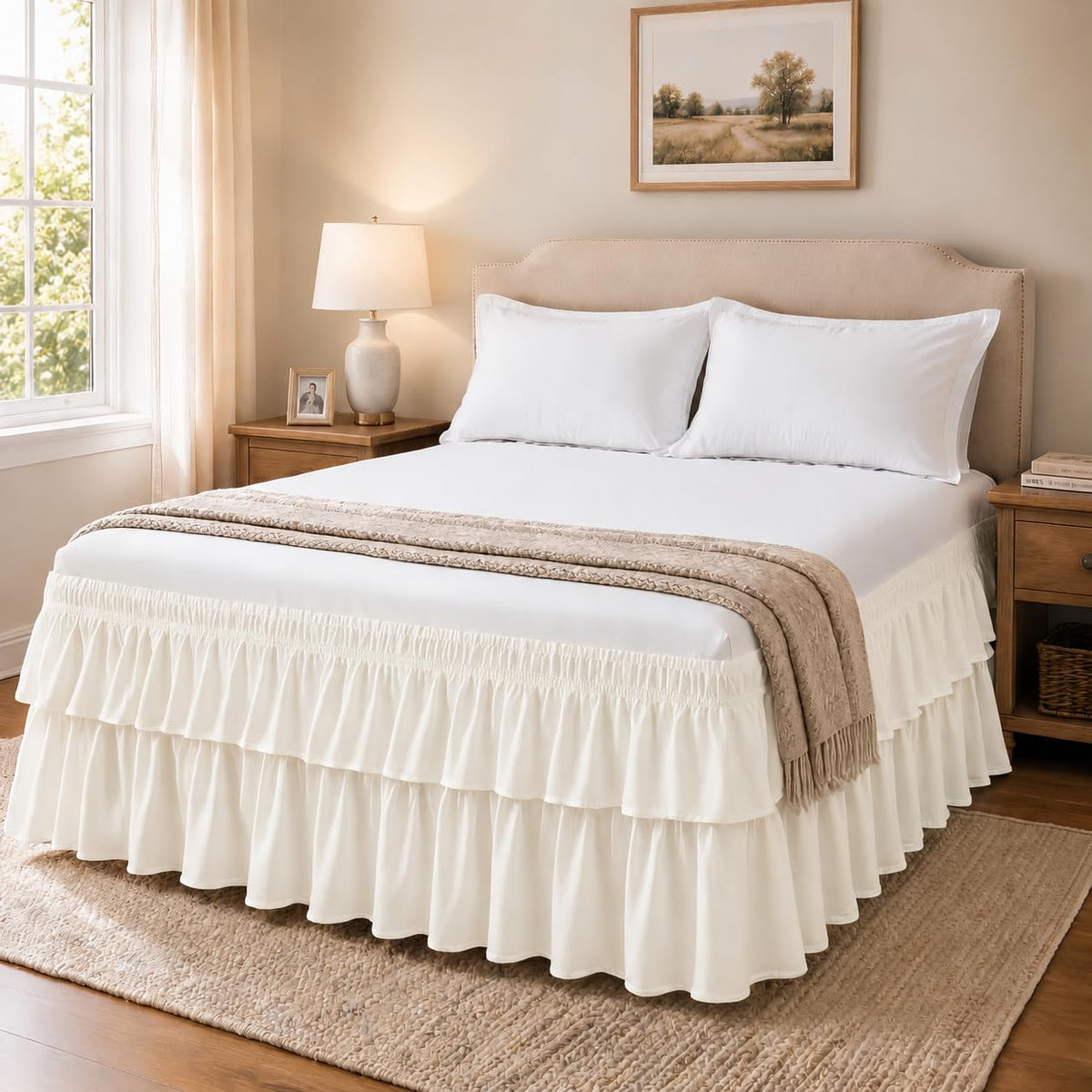 White Twin XL College Dorm Bed Skirt 32" Drop, Elastic Wrap Dust Ruffle