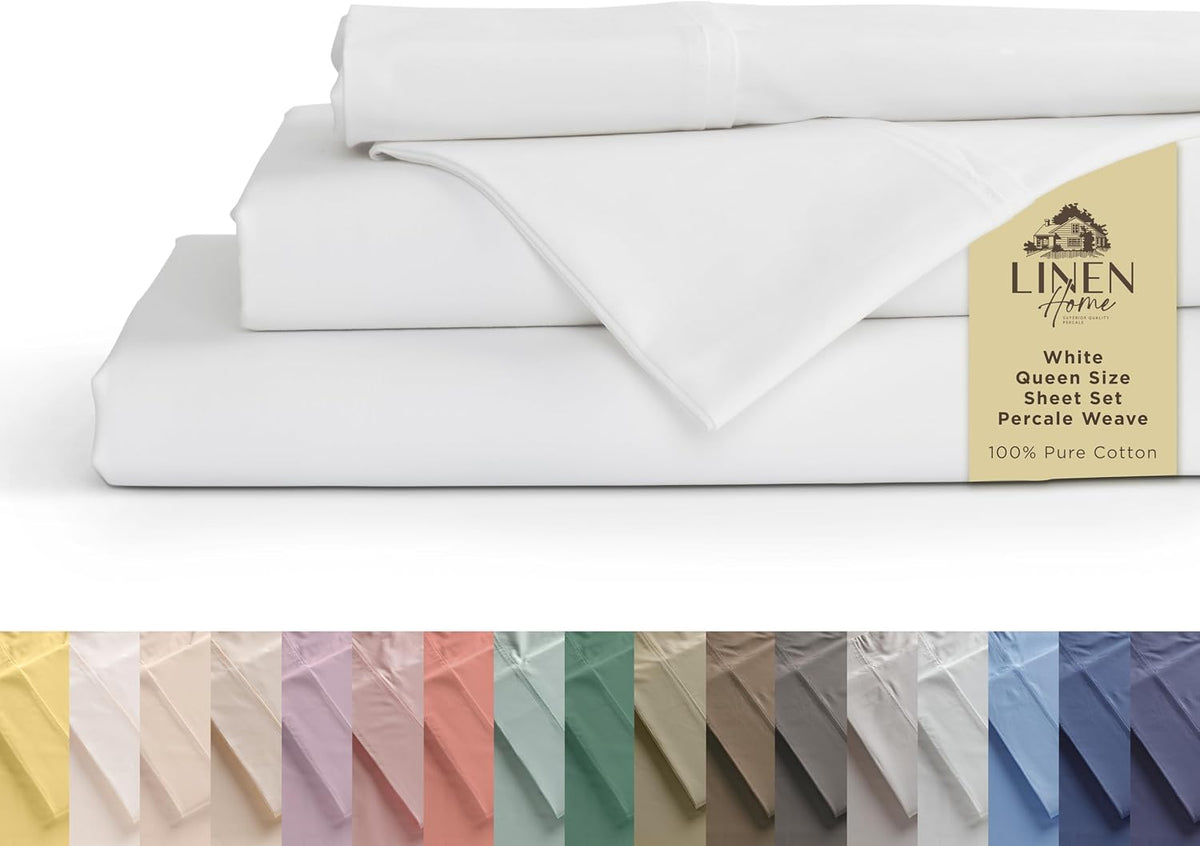 Linen Home 100% Cotton Percale Sheets Queen Size 4 Pc Cooling Set - White