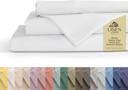 Linen Home 100% Cotton Percale Sheets Queen Size 4 Pc Cooling Set - White