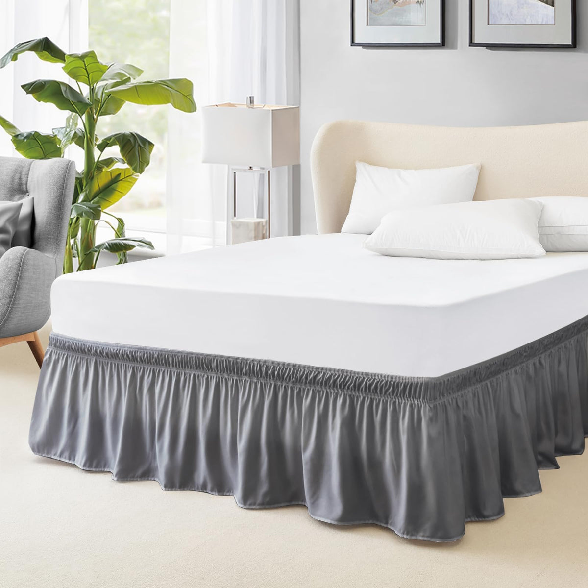 FreshCulture Queen Bed Skirt, Elastic Wrap Around Bed Skirt Queen Size, Bed Skirts for Adjustable Bed, Easy Fit with 15-Inch Tailored Drop, Hotel Quality Dust Ruffle for Queen Bed (Sage Green)