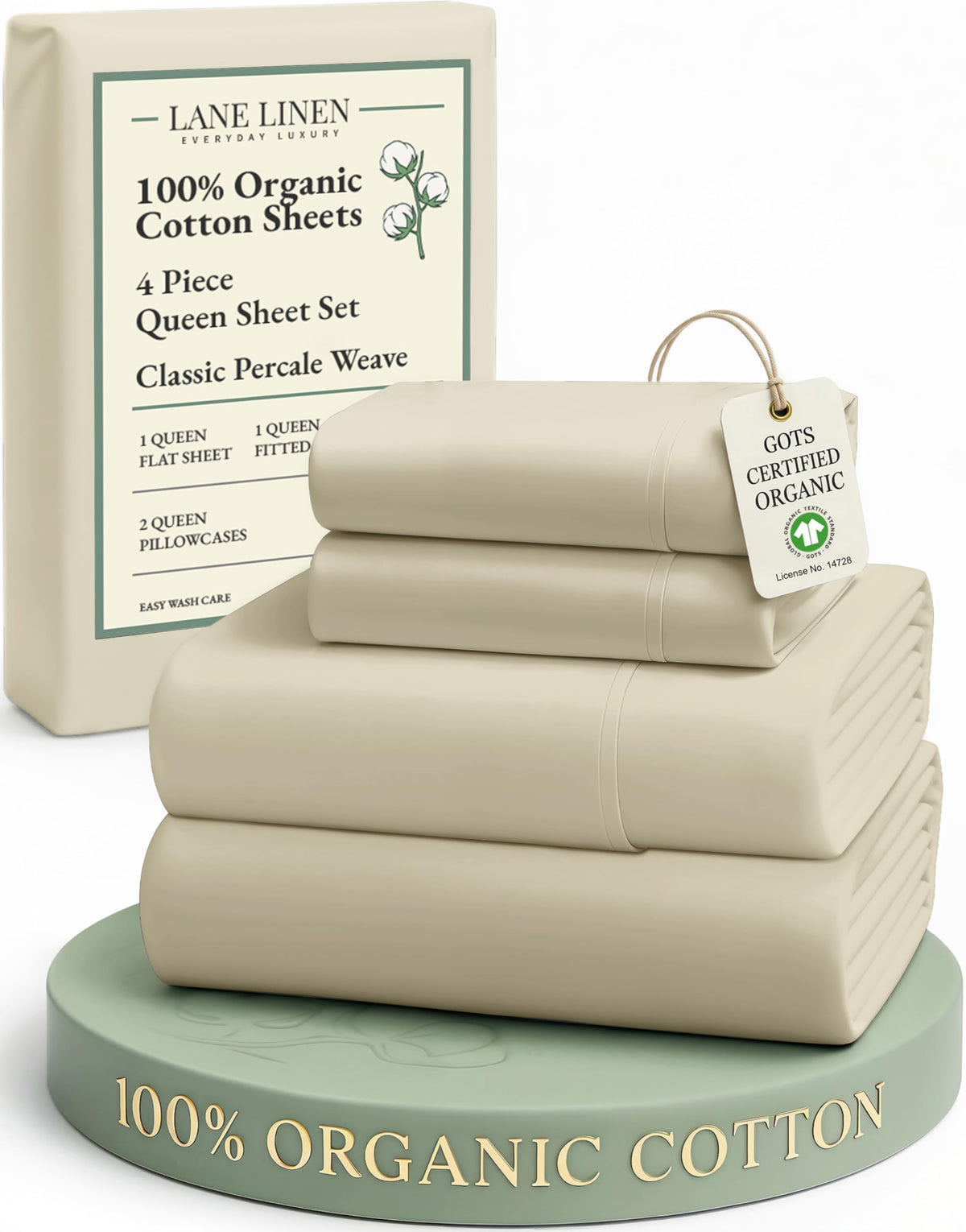 LANE LINEN Queen Sheets 100% Organic Cotton 4pc Percale Cooling - White