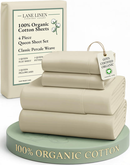 LANE LINEN Queen Sheets 100% Organic Cotton 4pc Percale Cooling - White