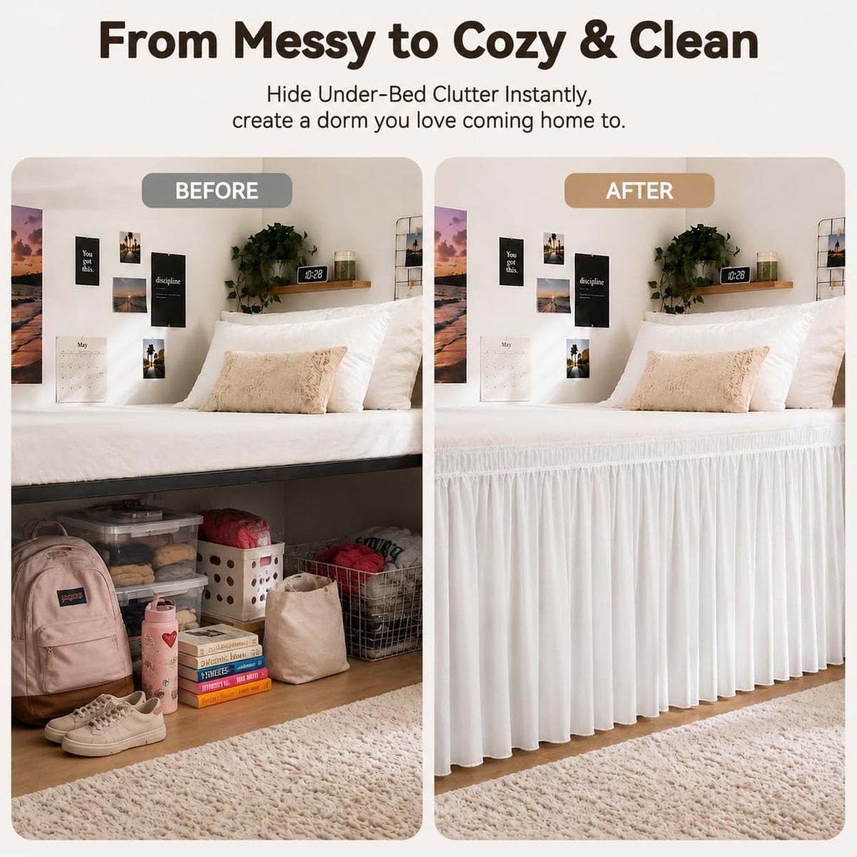 White Twin XL College Dorm Bed Skirt 32" Drop, Elastic Wrap Dust Ruffle