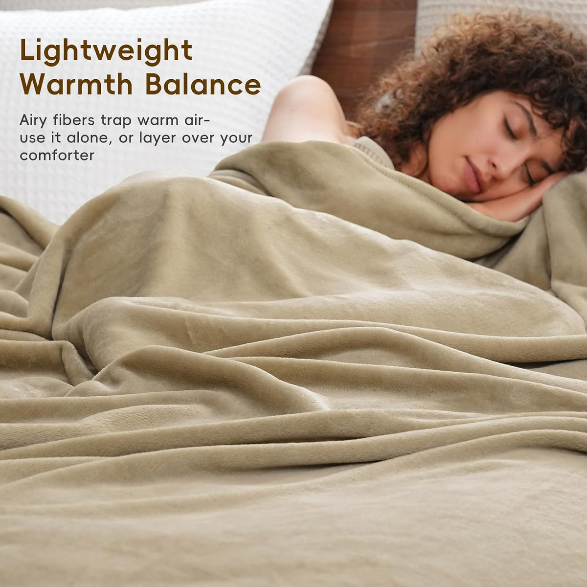 PHF Fleece Blanket King Size 108x90-300GSM Lightweight Airy Warmth, Khaki