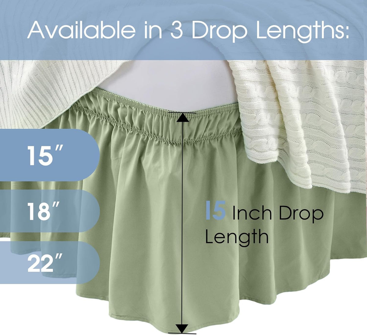 FreshCulture Queen Bed Skirt, Elastic Wrap Around Bed Skirt Queen Size, Bed Skirts for Adjustable Bed, Easy Fit with 15-Inch Tailored Drop, Hotel Quality Dust Ruffle for Queen Bed (Sage Green)