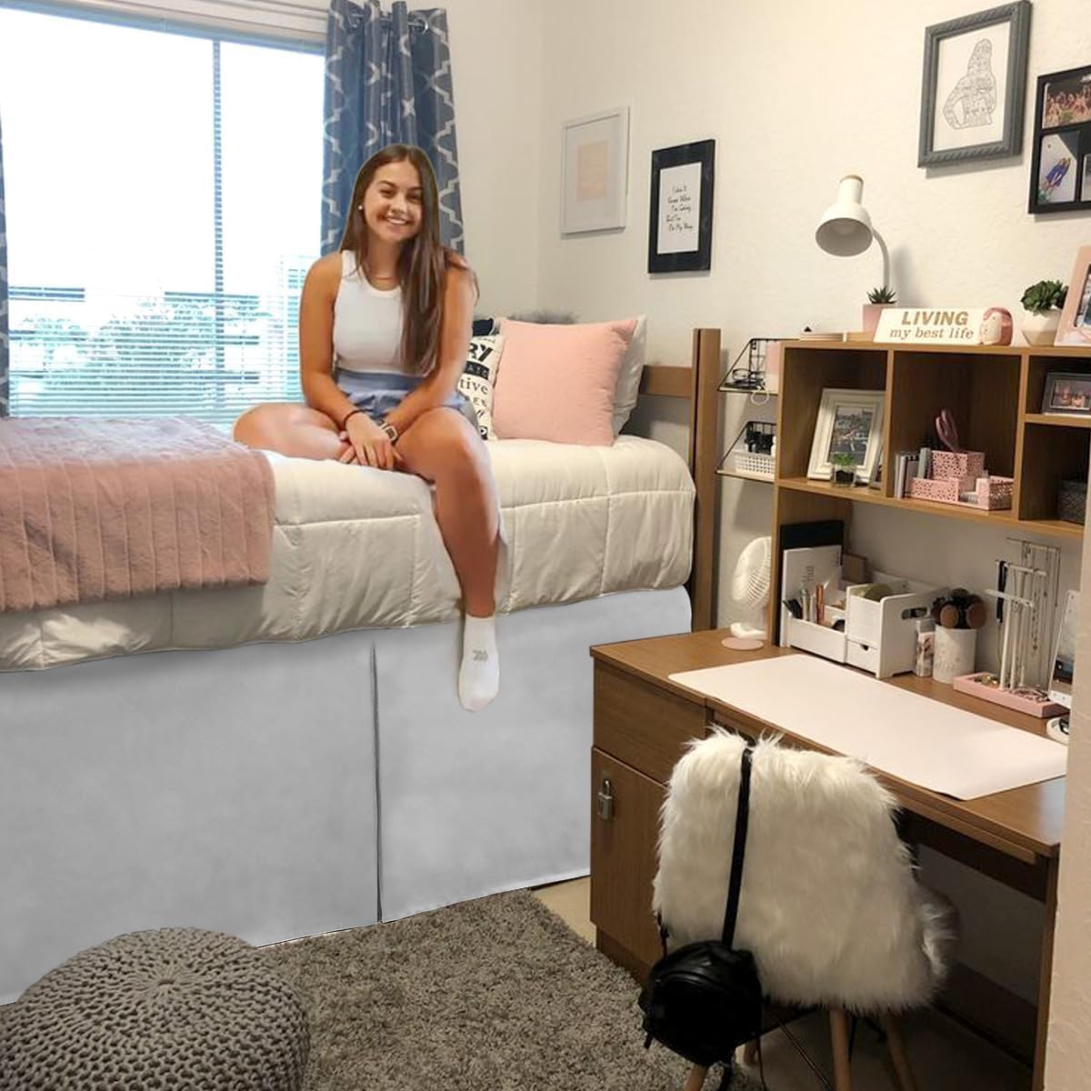 Crown Collection Full XL 32" Inch Drop Long Dorm Bed Skirt, Split Corner & Box Plated College Dorm Room Bed Skirts, Split Corner, Easy Care, No Wrinkle Microfiber Bed Skirt