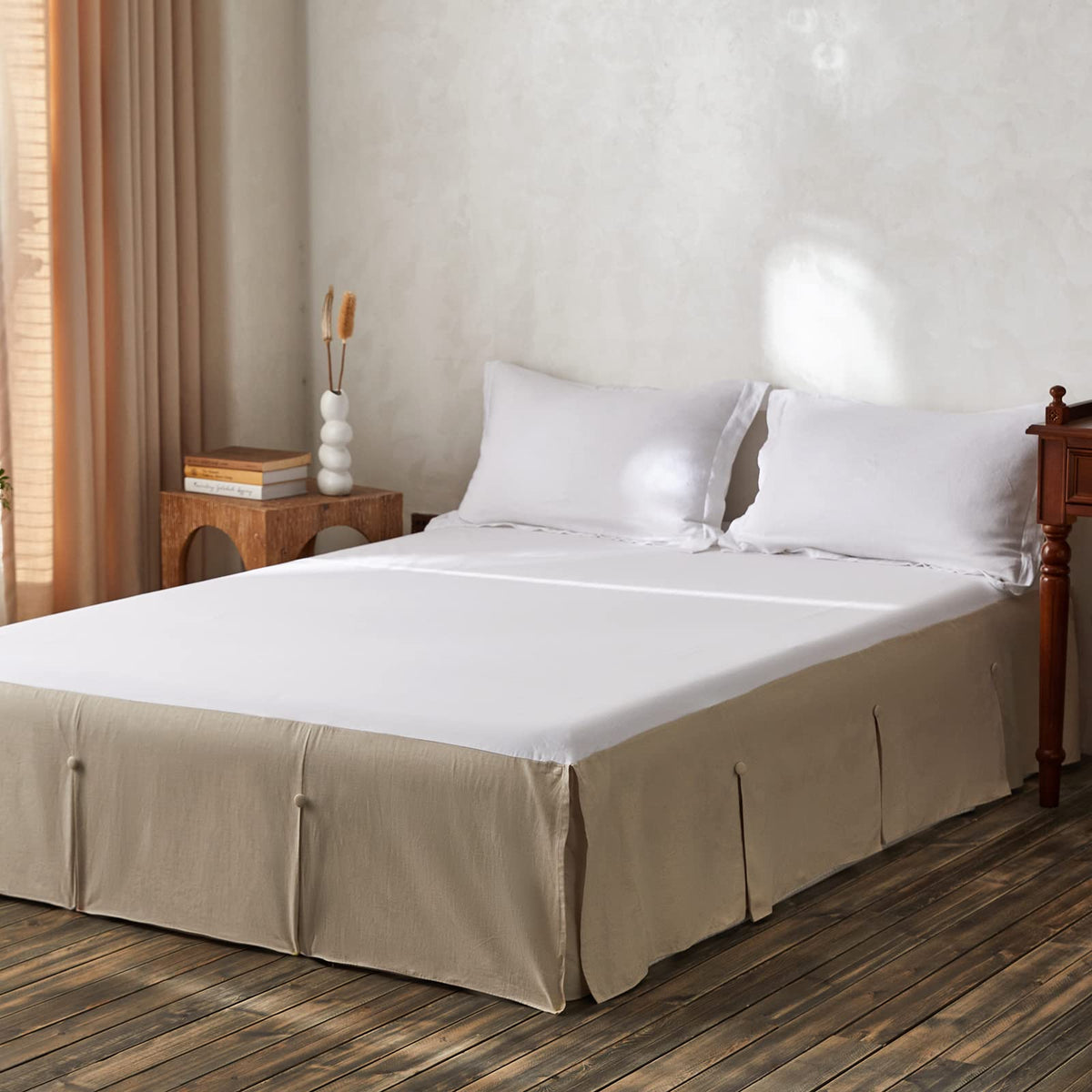 BISELINA French Linen Wrap Around Bed Skirt with Pleated Corner 14-Inch Tailored Drop Natural Flax Cotton Blend Basic Soft Cozy (14" Queen, Linen)