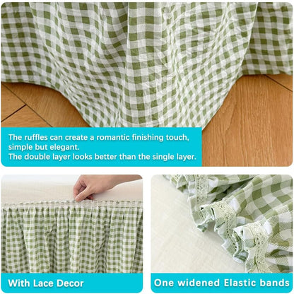 NSNLGSGC Green Gingham Wrap Around Ruffled Bed Skirt, Queen, 15 Inch Drop