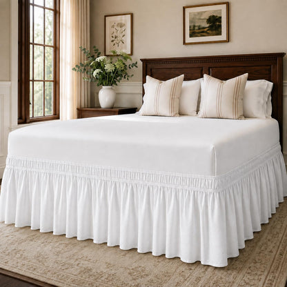 White Twin XL College Dorm Bed Skirt 32" Drop, Elastic Wrap Dust Ruffle