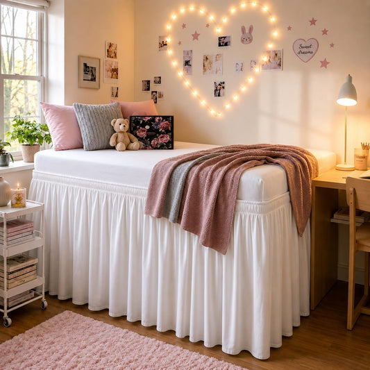 RIMELA Dorm Bed Skirt Twin XL 32 Inch Drop White Extra Long Dust Ruffle