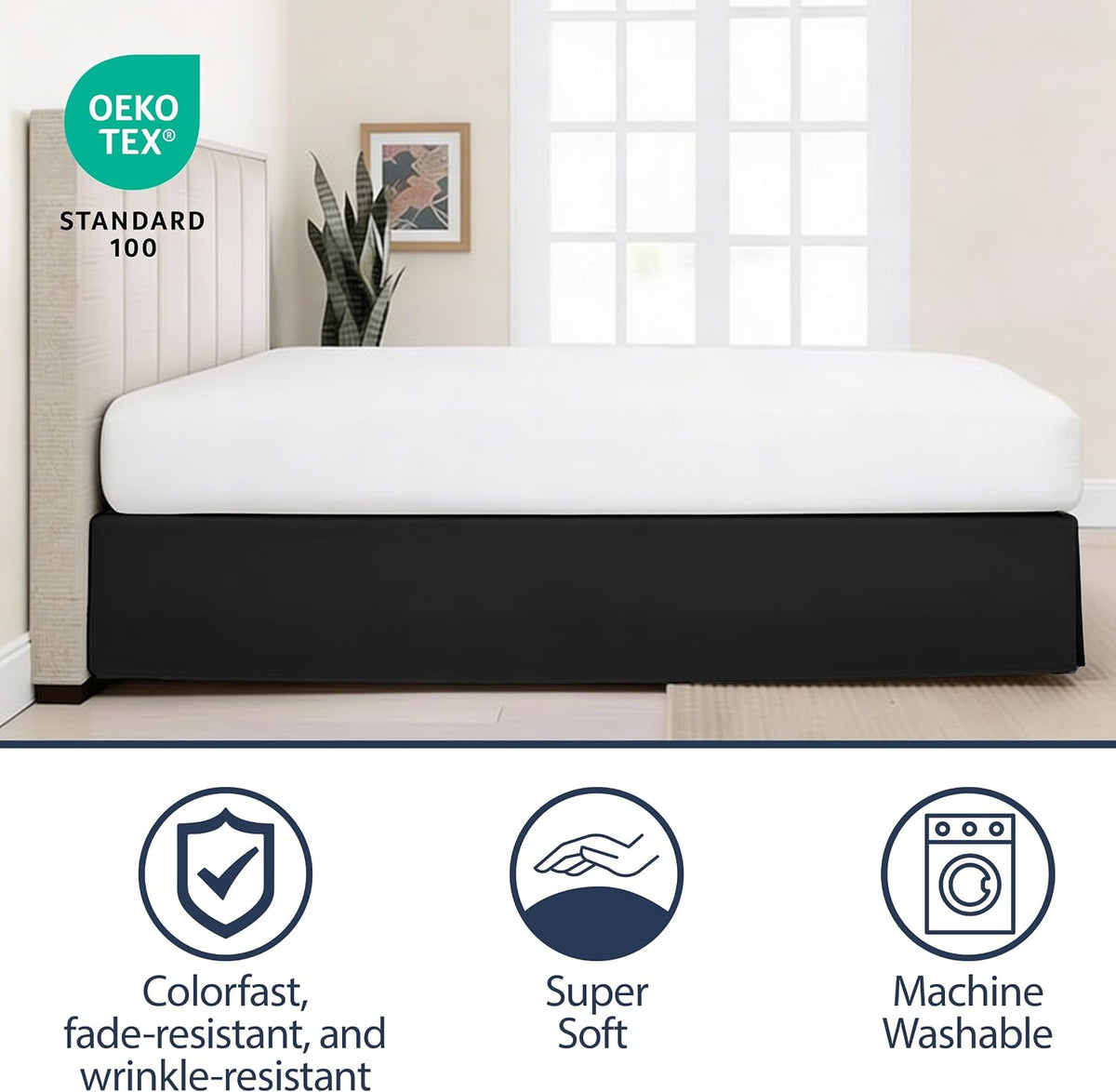 Luxury Hotel Tailored Bed Skirt, Box Pleats, 14 Inch Drop, Twin, Black