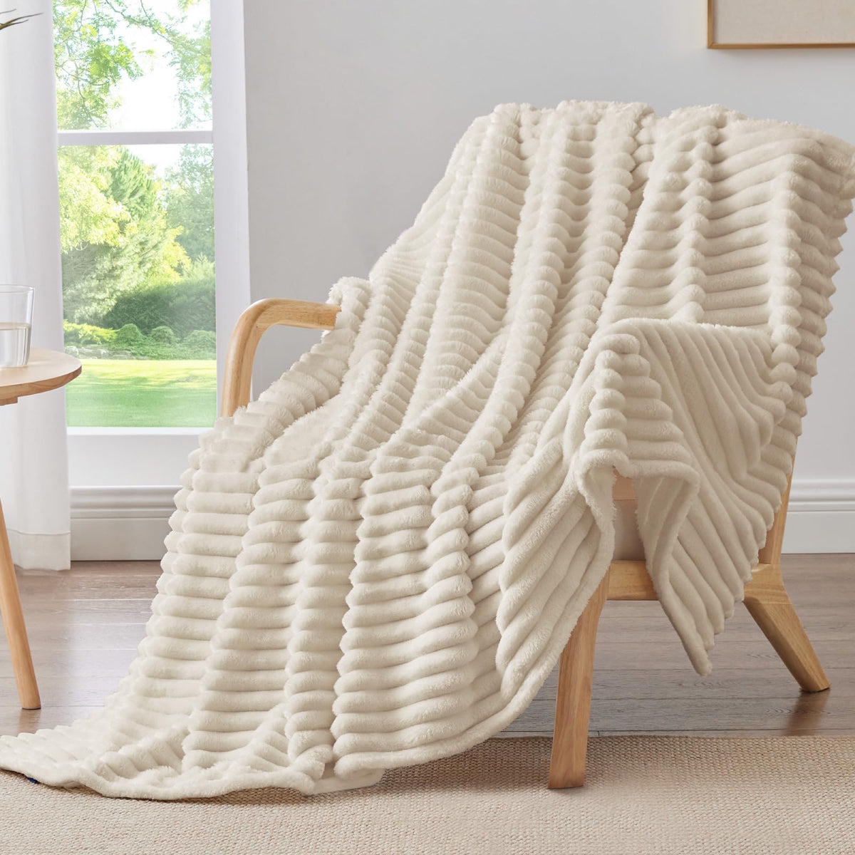 BEDELITE Ribbed Fleece Throw Blanket for Couch, Cream, 50"x60"