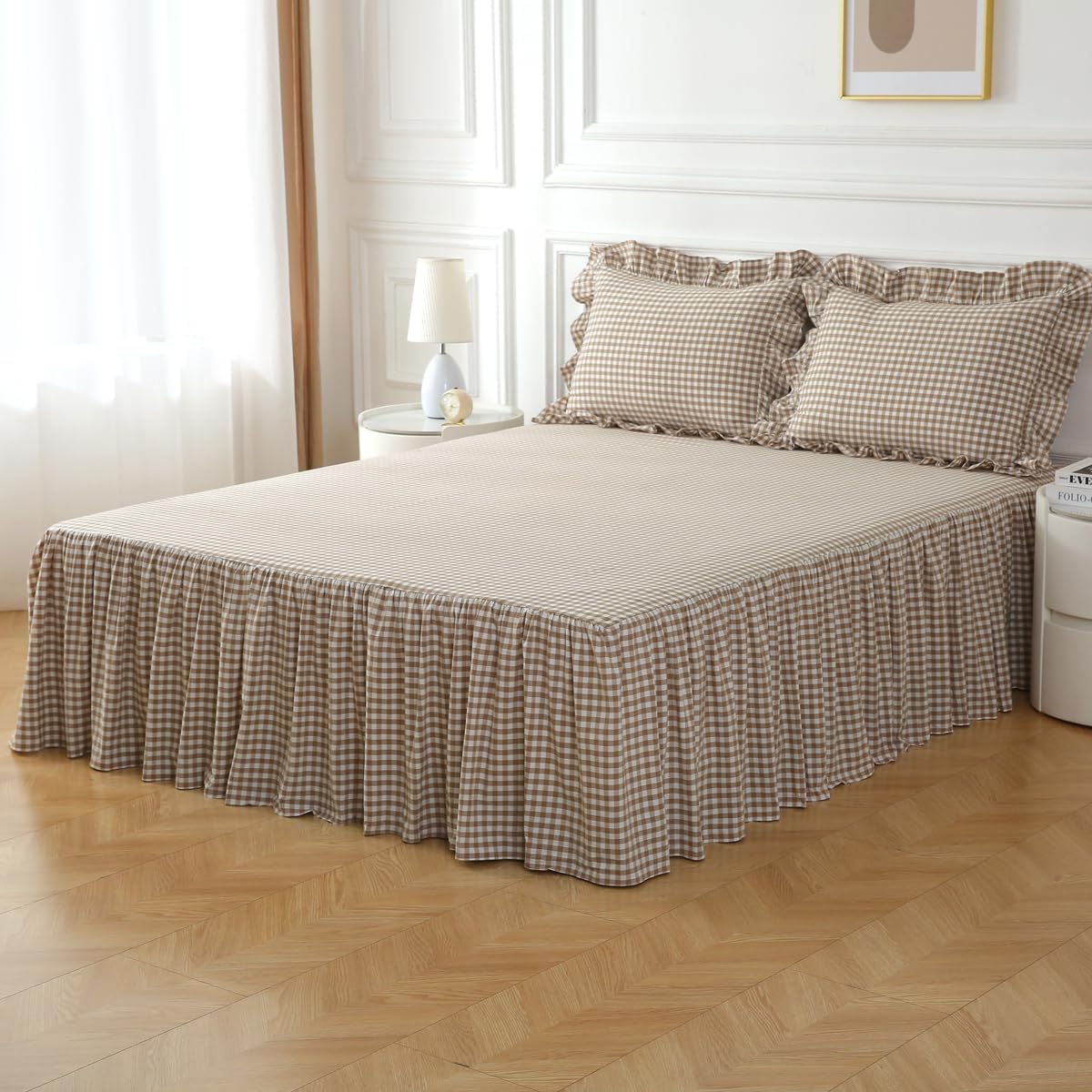 Silnuo Taupe/White Plaid Bed Skirt Gingham Dust Ruffle Queen Size 18"