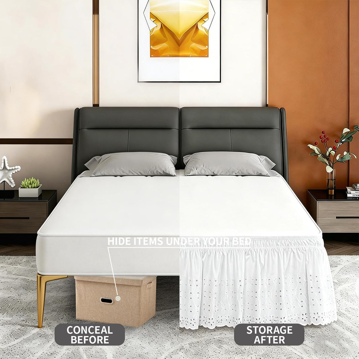 ANARACHON Full Bed Skirt, Wrap-Around Elastic Ruffled Eyelet Bed Skirt Full Size Dust Ruffle with Gathered Styling and Embroidered Details, 18" Drop Length (White)