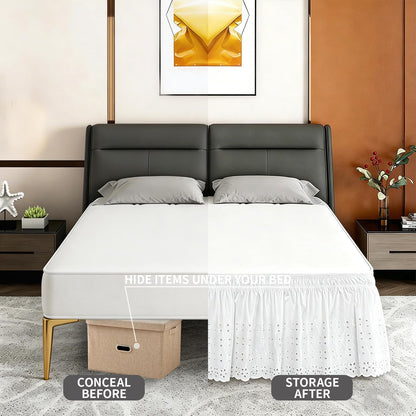 ANARACHON Full Bed Skirt, Wrap-Around Elastic Ruffled Eyelet Bed Skirt Full Size Dust Ruffle with Gathered Styling and Embroidered Details, 18" Drop Length (White)