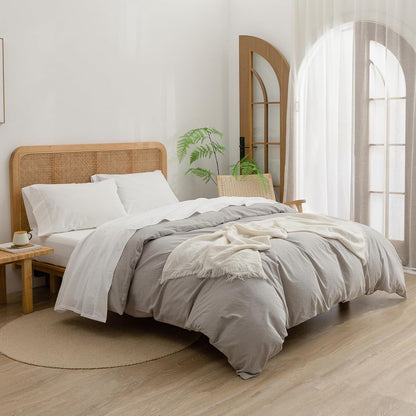 BESTOUCH Queen Flat Sheet 100% Washed Cotton Linen Feel Off White