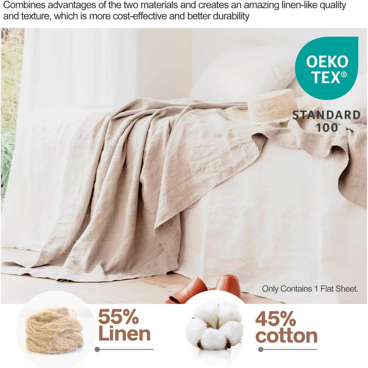 BISELINA Linen Sheet French Flax Flat Sheet Only 55% Euro Flax 45% Cotton Basic Style Solid Color Soft Breathable Farmhouse Top Sheet 1-Piece (Full, Linen)