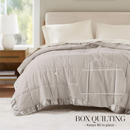 Madison Park Down Alternative Queen Blanket for Bed, Satin Trim, Grey