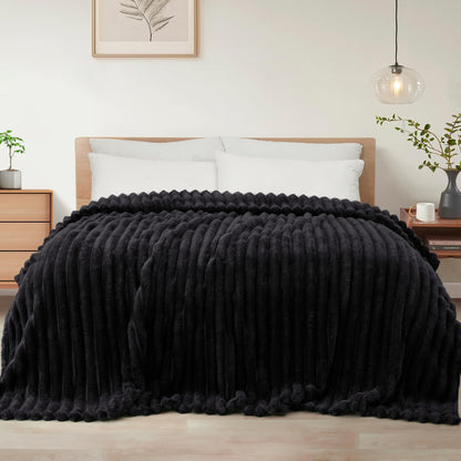 Exclusivo Mezcla Striped Fleece Throw Blanket for Couch, Sofa, Navy Blue