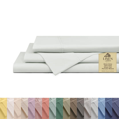 Linen Home 100% Cotton Percale Sheets Queen Size 4 Pc Cooling Set - White