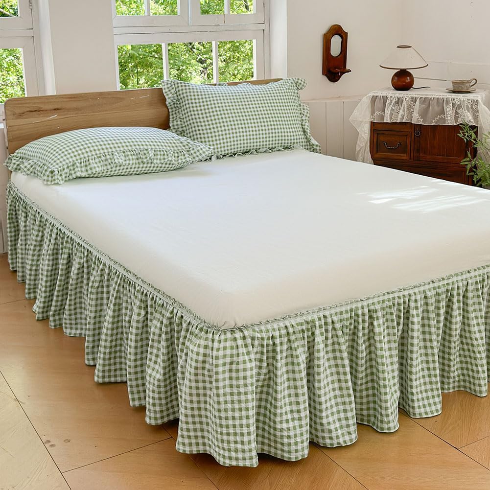 NSNLGSGC Green Gingham Wrap Around Ruffled Bed Skirt, Queen, 15 Inch Drop