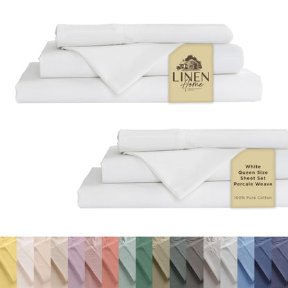 Linen Home 100% Cotton Percale Sheets Queen Size 4 Pc Cooling Set - White