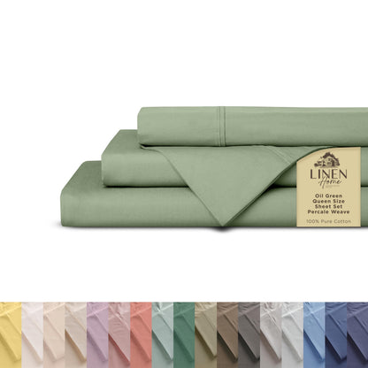 Linen Home 100% Cotton Percale Sheets Queen Size 4 Pc Cooling Set - White